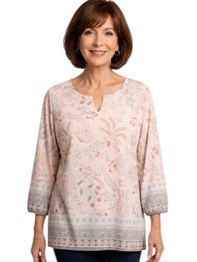 Christopher & Banks Peach Floral Pasley 3/4 Sleeve Split Neck Blouse Size XLP